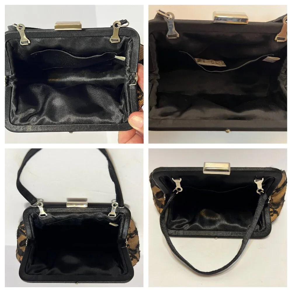 VTG Black Lace Overlay Gold Evening Clutch Handbag Elegant Metallic Kiss Clasp - Picture 10 of 16